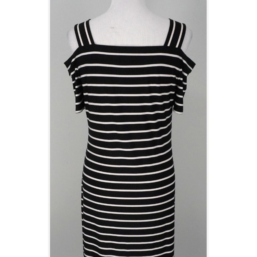 Nine West Maxi Dress Stretchy Black White Striped Cold Shoulder S/S Size 10 - Picture 4 of 8